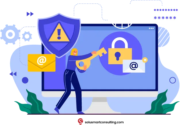 Ilustrasi risiko keamanan informasi perusahaan IT yang mencakup perlindungan data pelanggan, server cloud, kode sumber, dan kontrol akses.